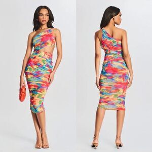 SER.O.YA Imani Asymmetric Ruched Midi Dress Bright Cutout Large Revolve Dopamine